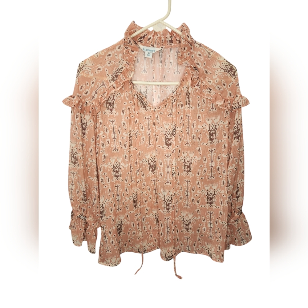 Sundance Pink Coral Flowy Ruffle Top Sheer Cottage Prairie Boho Size XS